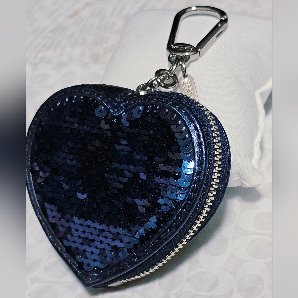 Coach Blue Poppy Sequins Heart Keychain Fob or a Bag Purse Tote Charm 💙 92748